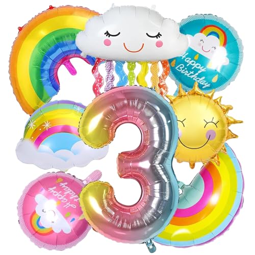 GAROMIA Geburtstag Mädchen 3 Jahre 8 Stück Regenbogen Geburtstagsdeko Folienballon Wolken Regenbogen Luftballons Folie Ballon Sonne Kindergeburtstag Deko für Mädchen Geburtstag Party von GAROMIA