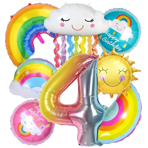 GAROMIA Geburtstag Mädchen 4 Jahre 8 Stück Regenbogen Geburtstagsdeko Folienballon Wolken Regenbogen Luftballons Folie Ballon Sonne Kindergeburtstag Deko für Mädchen Geburtstag Party von GAROMIA