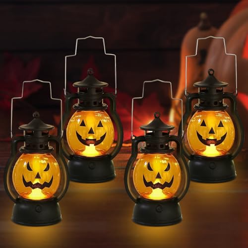 GAROMIA Halloween Kürbis Deko 4 Halloween Laterne Herbst Dekoration Kürbis Laterne Kürbislaterne Deko Innen Outdoor Vintage Kürbi Led für Tischdeko von GAROMIA