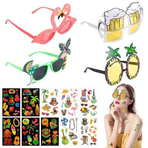 GAROMIA Hawaii Brille Hawaiian Temporäre Tätowierung Lustige Sonnenbrille Temporäre Tattoos Set Neuheit Partyzubehör Dekoration (YJ) von GAROMIA