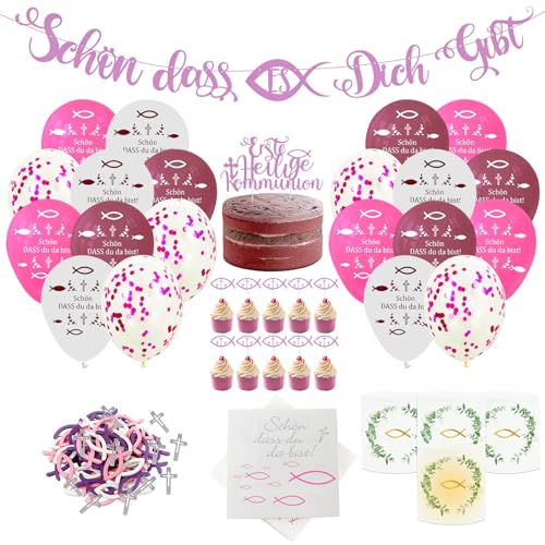 134 Stück Kommunion Deko Kommunion Junge Tischdeko Kommunion Holz Fische Deko Servietten Fisch Rosa luftballons Windlicht Fisch Taufe Mädchen Erstkommunion Tischdeko Taufdeko Konfirmation von GAROMIA
