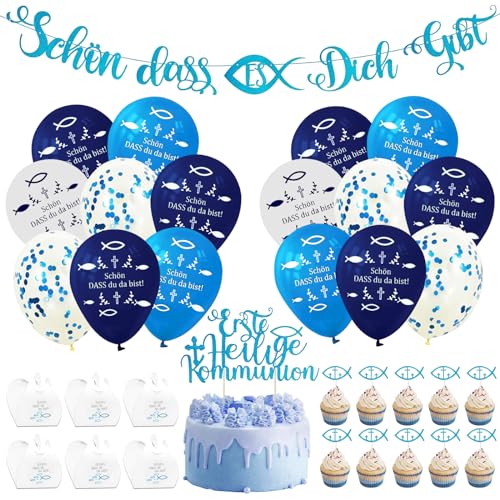 GAROMIA Kommunion Deko Junge Kommunion Luftballons Blau Geschenkbox Erstkommunion Junge Tortendeko Girlande für Erste Heilige Kommunion für Geburtstag Erstkommunion Firmung Party von GAROMIA