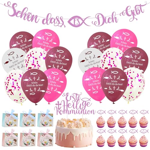 GAROMIA Kommunion Deko Mädchen Luftballons Kommunion Geschenkbox Mädchen Deko Taufe Kommunion Girlande Tortendeko Erstkommunion Deko Kommunion Mädchen für Babyparty Kommunion von GAROMIA