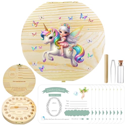 GAROMIA Zahndose Milchzähne Mädchen Einhörner Zahnbox Holz Milchzähne Milchzahndose Mädchen Milchzahn Aufbewahrungsbox Zähne Kinder Milchzahndose ersten Zähnchen Souvenir Box von GAROMIA