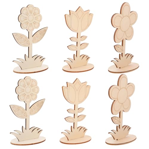 GARVALON 6 Stück Handgefertigte Blumenornamente DIY Holzblumen Zum Basteln Holzblumen Unvollendete Leere Holzblumen Holzblumen Zum Bemalen Kunstbedarf Holzblumenausschnitte von GARVALON