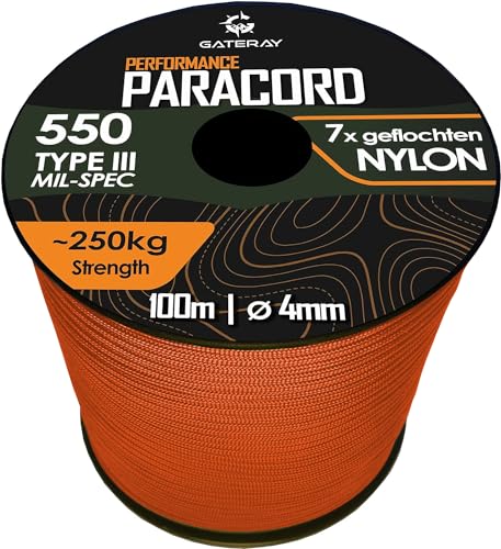 GATERAY® Performance Paracord 550 4mm Nylon (100m/30m) Schnur - witterungsbeständiges Allzweckseil - geflochtene Reepschnur für Camping, Outdoor & Survival (Orange, 100m) von GATERAY