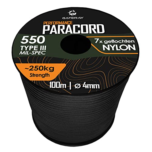 GATERAY® Performance Paracord 550 4mm Nylonschnur - 100 Meter Allzweck-Seil aus Nylon für Camping - Outdoor & Survival (Schwarz, 100m) von GATERAY