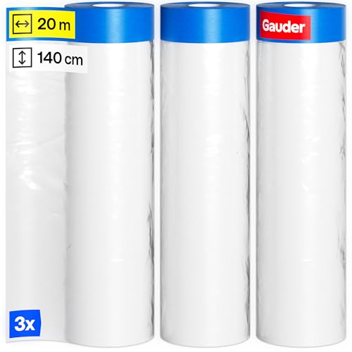 GAUDER 3 Rollen Abdeckfolie mit Klebeband (140 cm x 20 m) | Malerband mit Folie | 84 m² Malerfolie mit Klebeband | 3er Set Malerband Abklebefolie perfekt für Fenster, Türen und Schalter von GAUDER