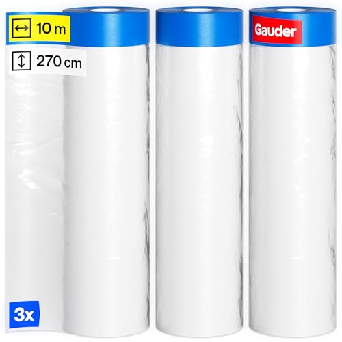 GAUDER 3 Rollen Abdeckfolie mit Klebeband (270 cm x 10 m) | Malerband mit Folie | 81 m² Malerfolie mit Klebeband | 3er Set Malerband Abklebefolie perfekt für Fenster, Türen und Schalter von GAUDER