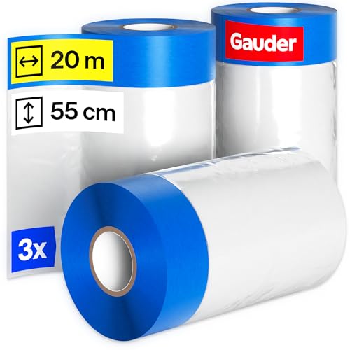 GAUDER 3 Rollen Abdeckfolie mit Klebeband (55 cm x 20 m) | Malerband mit Folie | 33 m² Malerfolie mit Klebeband | 3er Set Malerband Abklebefolie perfekt für Fenster, Türen und Schalter von GAUDER