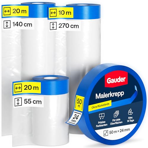 GAUDER 50 Meter Abdeckfolien-Set mit Klebeband (55 + 140 + 270 cm) mit Malerkrepp 24 mm x 50 m | 66 m² Malerfolie mit Klebeband | 3er Set Malerband Abklebefolie perfekt für Fenster, Türen und Schalter von GAUDER