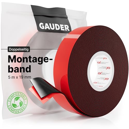 GAUDER Montageband (5 m x 19 mm) | Doppelklebeband | Montageklebeband | Spiegelklebeband | Doppelseitiges Klebeband schwarz von GAUDER