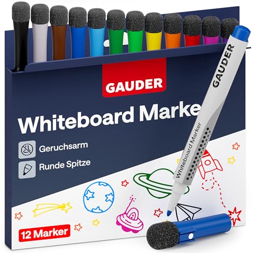 GAUDER Whiteboard Marker Set (12 Stück) | Whiteboard Stifte (12 Farben) | trocken und rückstandsfrei abwischbar | Dry Erase Marker mit Schwamm ideal für Whiteboards und Magnettafeln von GAUDER