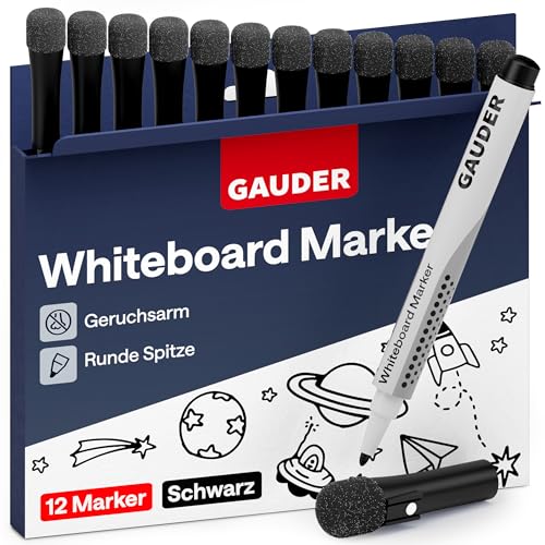 GAUDER Whiteboard Marker Set (12 Stück – schwarz) | Whiteboard Stifte | trocken und rückstandsfrei abwischbar | Dry Erase Marker mit Schwamm ideal für Whiteboards und Magnettafeln von GAUDER