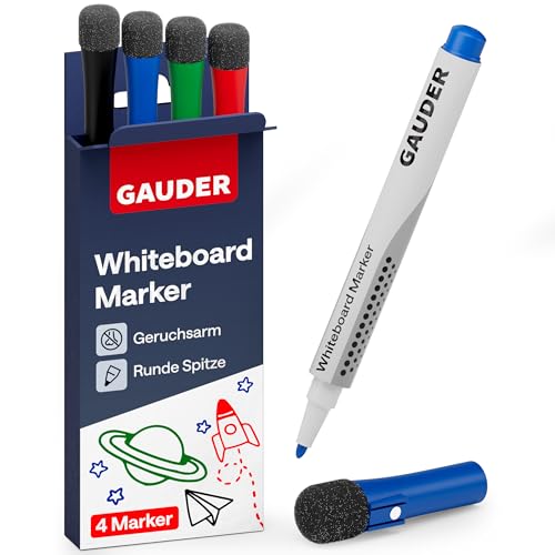 GAUDER Whiteboard Marker Set (4 Stück) | Whiteboard Stifte (4 Farben) | trocken und rückstandsfrei abwischbar | Dry Erase Marker mit Schwamm ideal für Whiteboards und Magnettafeln von GAUDER