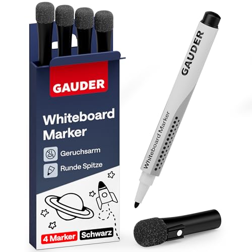 GAUDER Whiteboard Marker Set (4 Stück – schwarz) | Whiteboard Stifte | trocken und rückstandsfrei abwischbar | Dry Erase Marker mit Schwamm ideal für Whiteboards und Magnettafeln von GAUDER
