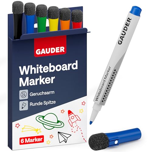 GAUDER Whiteboard Marker Set (6 Stück) | Whiteboard Stifte (6 Farben) | trocken und rückstandsfrei abwischbar | Dry Erase Marker mit Schwamm ideal für Whiteboards und Magnettafeln von GAUDER