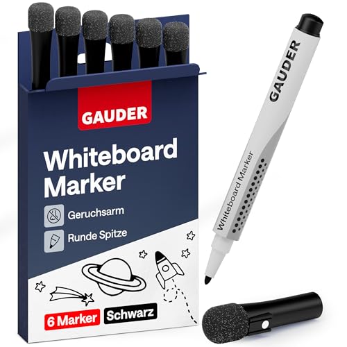 GAUDER Whiteboard Marker Set (6 Stück – schwarz) | Whiteboard Stifte | trocken und rückstandsfrei abwischbar | Dry Erase Marker mit Schwamm ideal für Whiteboards und Magnettafeln von GAUDER