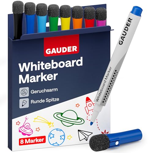 GAUDER Whiteboard Marker Set (8 Stück) | Whiteboard Stifte (8 Farben) | trocken und rückstandsfrei abwischbar | Dry Erase Marker mit Schwamm ideal für Whiteboards und Magnettafeln von GAUDER