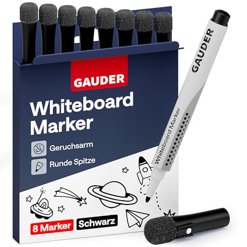 GAUDER Whiteboard Marker Set (8 Stück – schwarz) | Whiteboard Stifte | trocken und rückstandsfrei abwischbar | Dry Erase Marker mit Schwamm ideal für Whiteboards und Magnettafeln von GAUDER