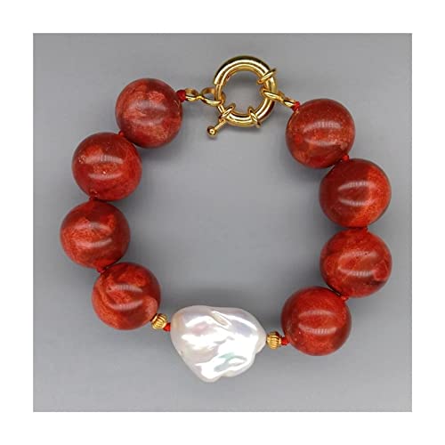 GAzOOaRt 18 mm roter runder Schwamm Korallen weiß weiß kernhaltiges Flameball Barock Perlenstrang Armband 8"handgefertigter Stil for Frauen Reality von GAzOOaRt