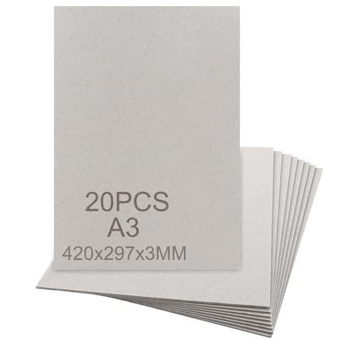 GBACHOOSE 20 Stück Graupappe A3 (29,7 x 42 cm) Stärke 3 mm, 1850 g/m² Buchbinderpappe 3 mm, Graukarton Format für Bucheinband, Buchbinden, Karten Einladungen von GBACHOOSE