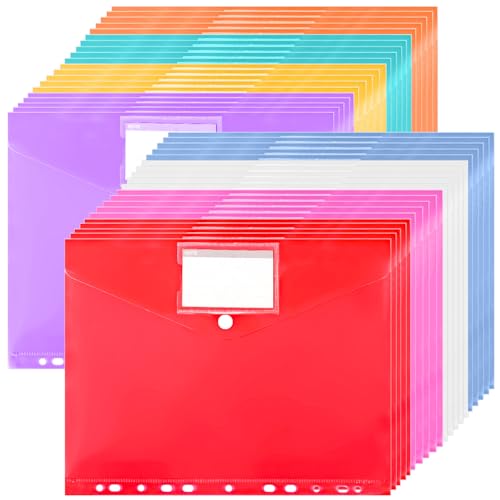 GBACHOOSE 40 Stück Dokumententasche A4 Abheftbar, Transparent Dokumentenmappe A4 Klettverschluss, Dokumententasche a4 zum Abheften mit Lochrand und Etikettentasche für Dateiorganisation (8 Farben) von GBACHOOSE