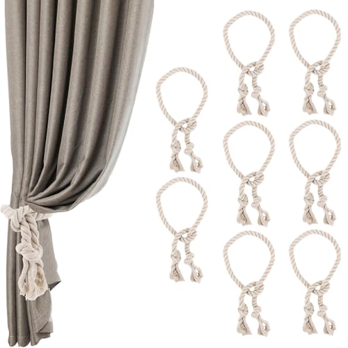 GBACHOOSE 8 Stück Vorhangseil Raffhalter, Vorhang Raffhalter 100cm, Gardinen Raffhalter Beige Baumwolle, Boho Raffhalter für Vorhänge, für Schlafzimmer Office Wohnzimme von GBACHOOSE
