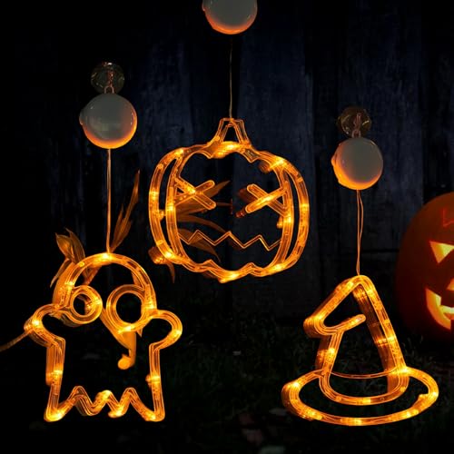 GBKDQQ Halloween-Dekorationen Fenster Licht, 3er Set Orange Halloween Deko Lichter Warmweiß Kürbis Geist Hexenhut LED Lampe mit Saugnapf, Batteriebetriebene Innenbeleuchtung für Fensterdeko GBKDQQ Halloween-Dekorationen Fenster Licht, 3er Set Orange Halloween Deko Lichter Warmweiß Kürbis Geist Hexenhut LED Lampe mit Saugnapf, Batteriebetriebene Innenbeleuchtung für Fensterdeko von GBKDQQ