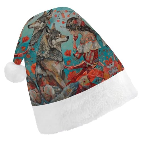 GBNMQED Weihnachtsmütze, Weihnachtsmannmützen für Erwachsene, bequeme Weihnachtsmütze, Frau und Wolf, bedruckt, Weihnachtsmütze für Neujahr, festliche Party, Weihnachts-Kopfschmuck GBNMQED Weihnachtsmütze, Weihnachtsmannmützen für Erwachsene, bequeme Weihnachtsmütze, Frau und Wolf, bedruckt, Weihnachtsmütze für Neujahr, festliche Party, Weihnachts-Kopfschmuck von GBNMQED
