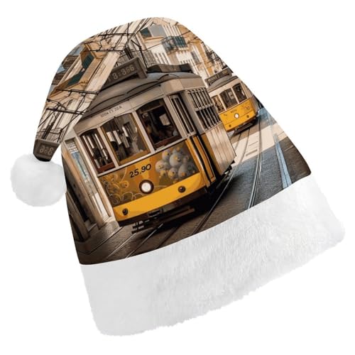 GBNMQED Weihnachtsmütze, Weihnachtsmannmützen für Erwachsene, bequeme Weihnachtsmütze, Lissabon, Straßenbahn, bedruckt, Weihnachtsmütze für Neujahr, festliche Party, Weihnachts-Kopfschmuck von GBNMQED