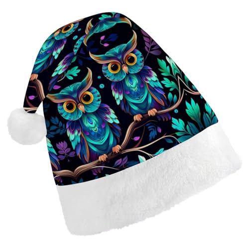 GBNMQED Weihnachtsmütze für Erwachsene, bequeme Weihnachtsmütze, lila und grüne Eule, bedruckt, Weihnachtsmütze für Neujahr, festliche Party, Weihnachts-Kopfschmuck von GBNMQED