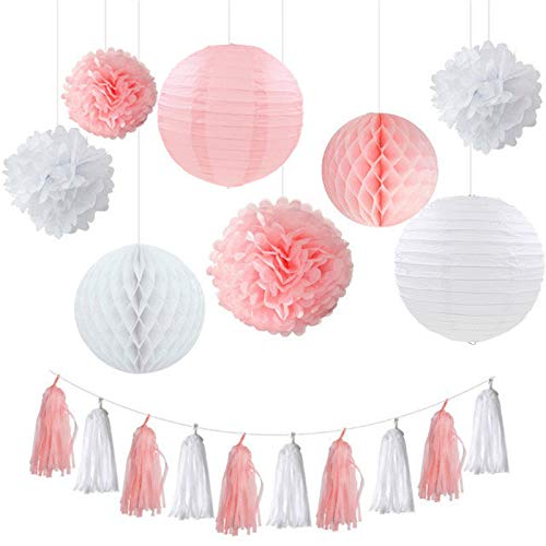 GBSONGLIANGBO Papierlampion,Papierlaternen Hochzeit Geburtstags-Party-Papier DIY. Dekor Set Rosa/Blau/Himmel Blau/Grün Papier Laterne Wabenkugel Pompom Blume Quaste Girlande(Pink) von GBSONGLIANGBO