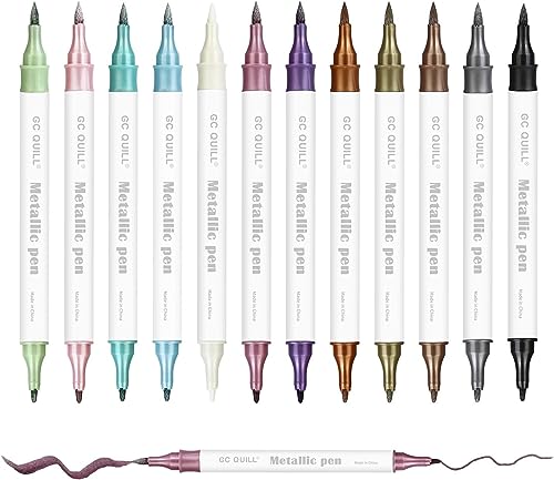GC QUILL 12 Farben Metallischen Stift Pens, Doppelseitig handlettering pinselstifte Set für DIY Fotoalbum, Hochzeit Papier,Scrapbook,Stein, Keramik,Glas GC-MLP12 von GC QUILL