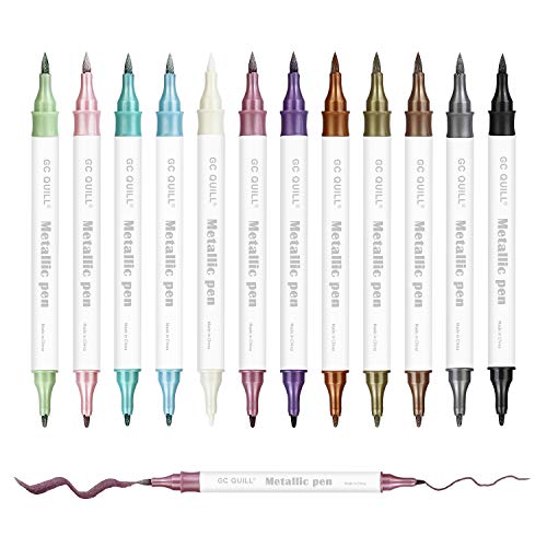 GC QUILL Metallic Marker Stifte Set- 12 Farben Permanent Brush Pen für Fotoalbum zum Selbstgestalten, Gästebuch Hochzeit, Scrapbook- Metallischen zum Bemalen Stein, Keramik, Glas, Holz von GC QUILL