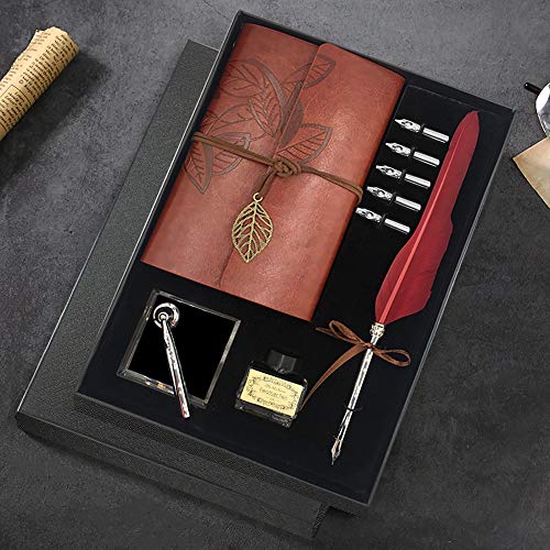 GCCL Schreibfeder und Tinte Set, Kalligraphie Set Füllfederhalter Feder Dip Quill Pen schreiben Tinte Set mit 5 Ersatzfedern, Sockel für Stift, Notizblock, Tinte, Geschenkbox (Rot) von GCCL