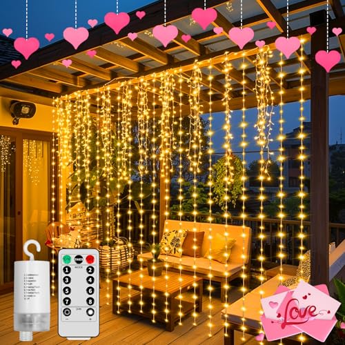 300 LEDs Lichtervorhang Innen Lichterketten Vorhang, GCMacau 3x3m Lichtervorhang Außen Batterie,Hängende Vorhang Batteriebetrieben mit Fernbedienung,Lichterkette für Valentinstag,Schlafzimmer,Hochzeit von GCMacau