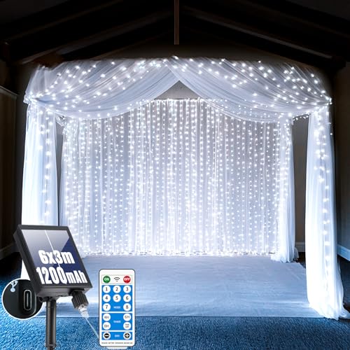 GCMacau 1200mAh Solar Lichterkette Außen, 6X3M 600 LED Lichtvorhang, Mit 8 Modi & Timer und Speicher Wasserdicht LED Lichterkette Vorhang Außen/Innen für Zimmer, Party, Balkon Deko (Weiß) von GCMacau