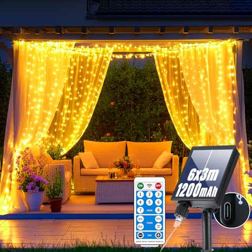 GCMacau 1200mAh Solar Lichterkette Außen, 6X3M 600 LED Lichtvorhang, Mit 8 Modi & Timer und Speicher Wasserdicht LED Lichterkette Vorhang Außen/Innen für Zimmer, Party, Balkon Deko von GCMacau