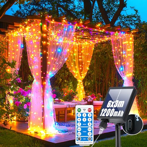GCMacau 1200mAh Solar Lichterkette Außen, 6X3M 600 LED Lichtvorhang, Mit 8 Modi & Timer und Speicher Wasserdicht LED Lichterkette Vorhang Außen/Innen für Zimmer, Party, Balkon Deko von GCMacau