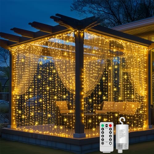 GCMacau 600 LEDs Lichtervorhang Lichterketten Vorhang Batterie 6x3m, Lichtervorhang Innen/Außen, Hängende Lichterketten Batteriebetrieben mit Fernbedienung, Lichterkette für Valentinstag,Hochzeit von GCMacau