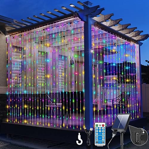 GCMacau Lichtervorhang 6x3 m, 600LED Solar Lichtervorhang Bunt Lichterkette Aussen Wetterfest Indoor/Outdoor 8 Modi Solarpanel mit USB-Stromversorgung für Pavillons,Draußen,Weihnachtsdeko,Gartenparty von GCMacau