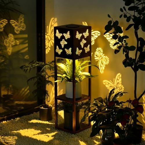 GCMacau Solarlaterne für Außen, Große Gartenlampen für Draußen Vintage Schmetterling LED Solarlampen Laternen Metall Gartenleuchten Wasserdicht mit 3-stöckiger Blumenständer für Dekoration Hof Weg von GCMacau