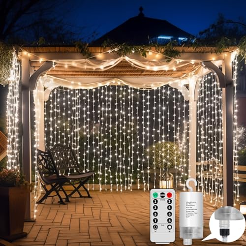 LED Lichtervorhang Kaltes Licht 3M*3M 300 LEDs, GCMacau Lichterkettenvorhang - Austauschbare Lademethode,8 Modi LED Lichterkette mit 10 Haken Fernbedienung Timer für Valentinstag Party Innen und Außen von GCMacau