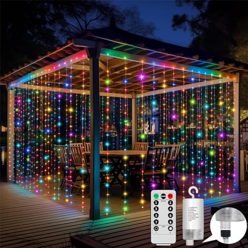 Lichtervorhang Lichterkette Batterie Bunt, 3mx3m Lichterkettenvorhang 8 Modi LED Lichterkette mit 10 Haken Fernbedienung Timer verstellbare Helligkeit für Valentinstag Party Innen und Außen Deko von GCMacau