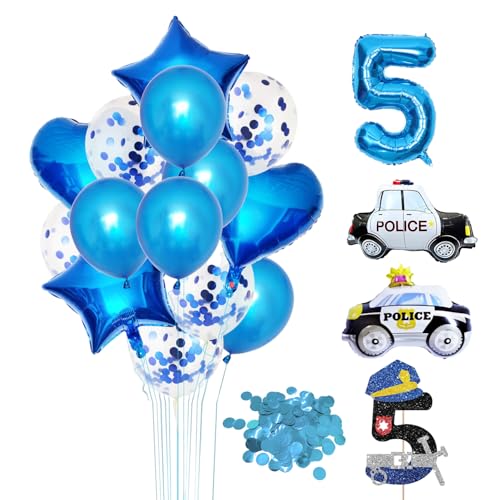 2 Stück Polizeiauto-Ballons, 1 Nummer 5 Karteneinsatz, 1 Zahl 5 Luftballons, 14 blaue Luftballons und 10G Konfetti, Geburtstagsparty-Zubehör, Kinderkuchendekorationen. 2 Stück Polizeiauto-Ballons, 1 Nummer 5 Karteneinsatz, 1 Zahl 5 Luftballons, 14 blaue Luftballons und 10G Konfetti, Geburtstagsparty-Zubehör, Kinderkuchendekorationen. von GDFHBD