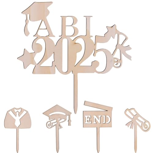 2025 ABI Tortendeko,5pcs Cake Topper Abitur 2025 aus Holz,Bestandene Prüfung Cupcake Deko Tortenstecker Abschlussfeier Graduation Party Deko Geschenke für Senioren, High School von GDFJBG