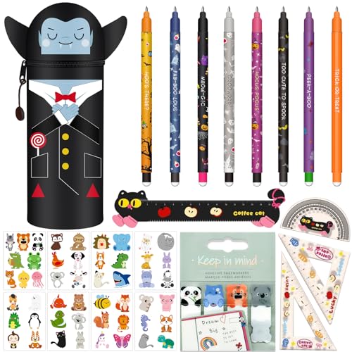 Radierbarer Stift Set - Halloween Kawaii 2-in-1 Federmäppchen - mit thermoempfindlicher Löschtinte (Halloween+10 Haftnotizen+6 Stempel+12 Radierbare Stifte) von GDFJBG