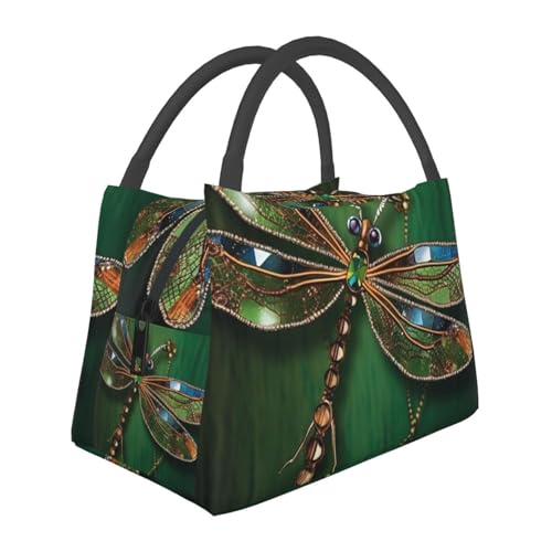 GDSHJKLW Isolierte Lunchtasche für Damen und Herren, große, auslaufsichere Lunchbox, wiederverwendbar, mit Schmucksteinen, Libelle, Lebensmittel-Transportbox für Arbeit, Picknick, Reisen von GDSHJKLW