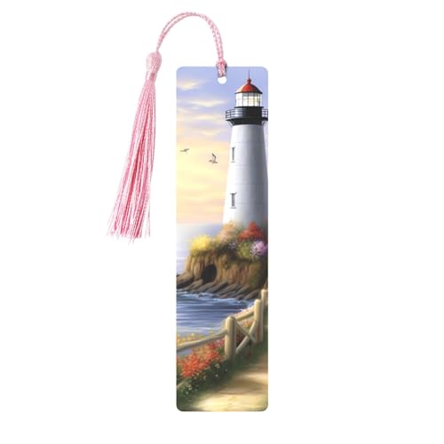 Leuchtturm Diamond Painting Metall Lesezeichen Handgefertigt Doppelseitig bedruckte Seitenmarkierungen mit rosa Quasten Buchzubehör Geschenk für Liebhaber von GDSHJKLW